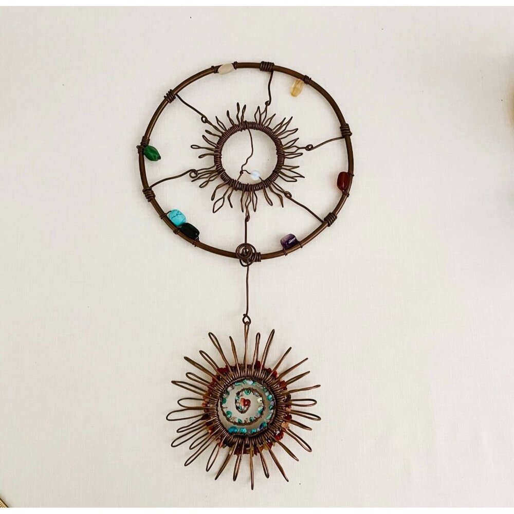 Handcrafted Copper Wire Sunburst Wall Art w/ Beaded Accents Gemstones Celestial